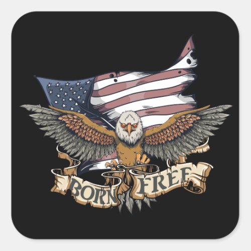 American Flag Patriotic Bald Eagle Born Free Square Sticker