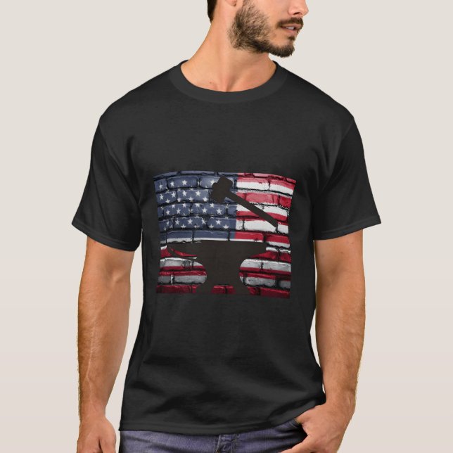 American Flag Patriotic Blacksmith Anvil T-Shirt (Front)