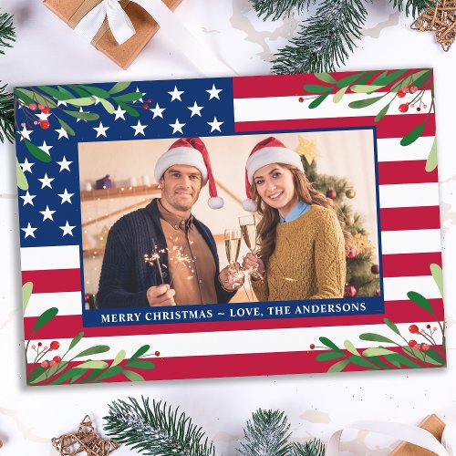 American Flag Patriotic Christmas Custom Photo Holiday Card