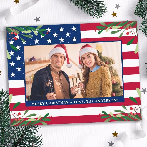 American Flag Patriotic Christmas Custom Photo  Holiday Postcard