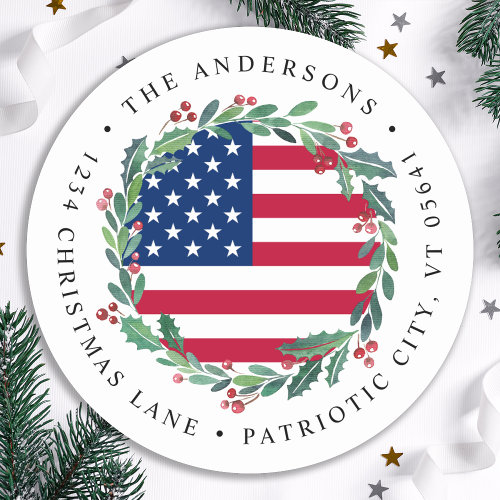 American Flag Patriotic Christmas Return Address Classic Round Sticker