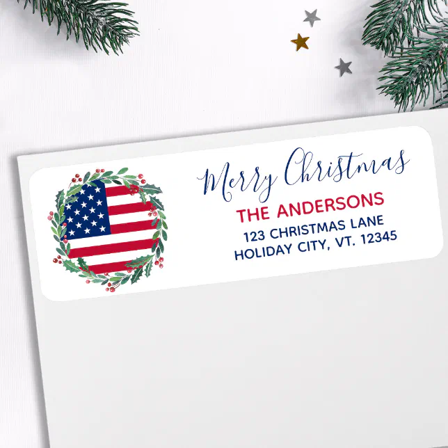 American Flag Patriotic Christmas Return Address Label | Zazzle