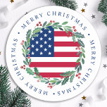 American Flag Patriotic Christmas Wreath  Classic  Classic Round Sticker<br><div class="desc">Add the finishing touch to your envelopes, mailings and stationary with these American Flag Merry Christmas stickers - Holiday wreath in a USA American flag design modern red white blue design with holly and berries. This patriotic Christmas sticker is perfect for military families, veterans, patriotic family. COPYRIGHT © 2020 Judy...</div>