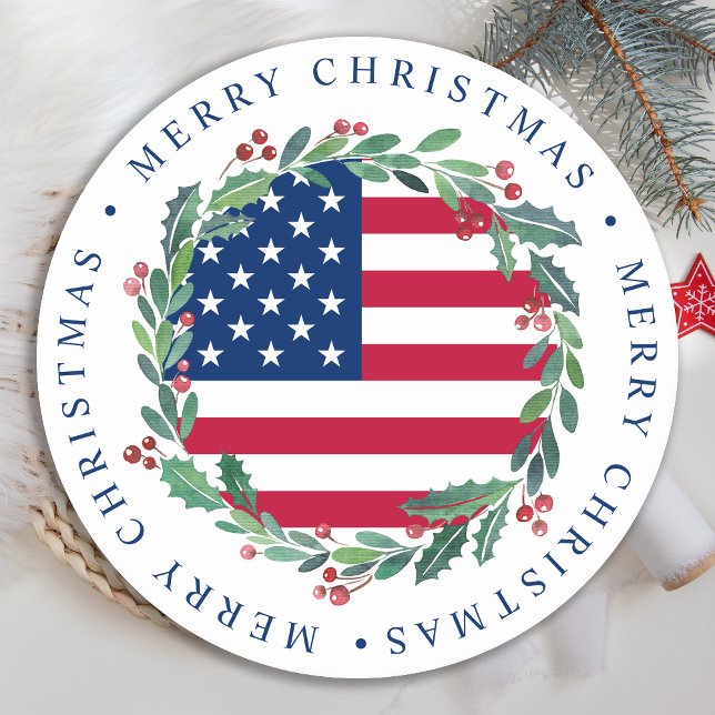 American Flag Patriotic Christmas Wreath Round Paper Coaster (Creator Uploaded)