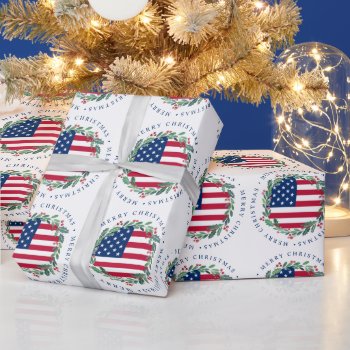 American Flag Patriotic Christmas Wreath  Wrapping Paper by BlackDogArtJudy at Zazzle