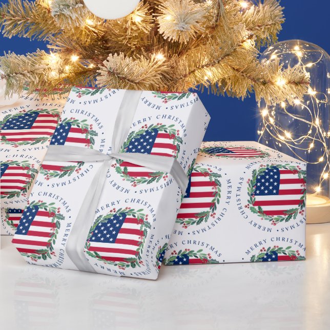 American Flag Patriotic Christmas Wreath  Wrapping Paper (Holidays)