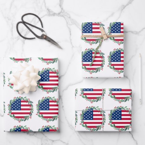 American Flag Patriotic Christmas Wreath Wrapping Paper Sheets