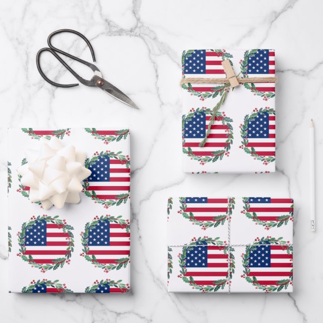American Flag Patriotic Christmas Wreath Wrapping Paper Sheets (Front)
