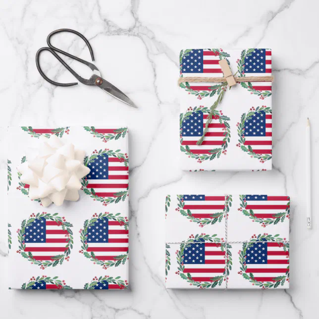 American Flag Patriotic Christmas Wreath Wrapping Paper Sheets (Front)
