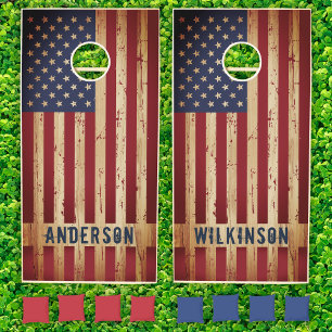 American Flag Patriotic Couple 2 Name Rustic Wood Cornhole Set