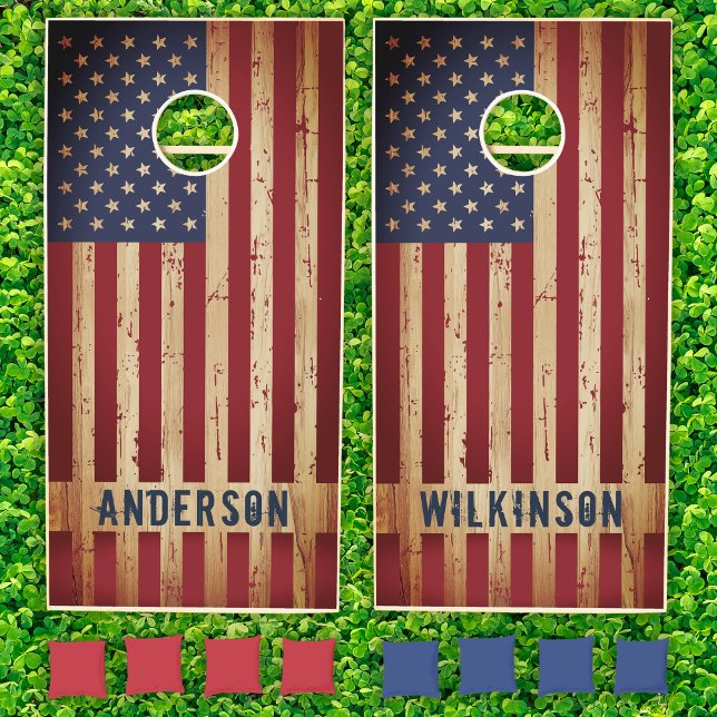 American Flag Patriotic Couple 2 Name Rustic Wood Cornhole Set (Creator Uploaded)