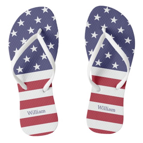 American Flag Patriotic Custom Name Blue Red White Flip Flops