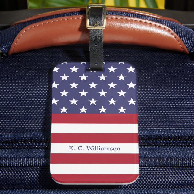American Flag  Patriotic Custom Name ModernPattern Luggage Tag (Front Insitu 2)