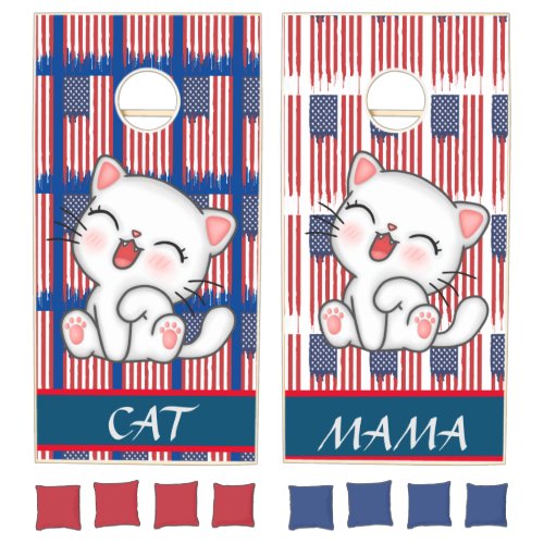 American flag patriotic cute kitty 4th of july cornhole set