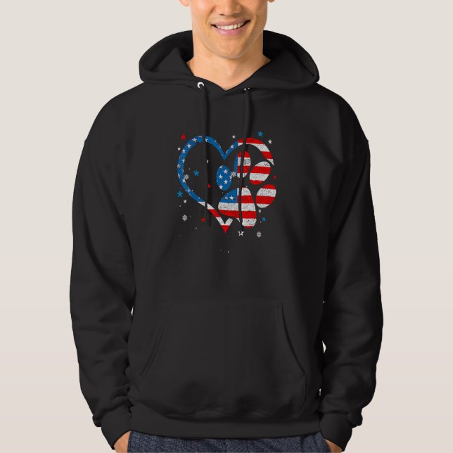 American Flag Patriotic Dog & Cat Paw Print 4th Of Hoodie (Front)