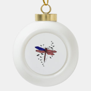 American Flag Patriotic Dragonfly 4th Of July Gift Ceramic Ball Christmas Ornament