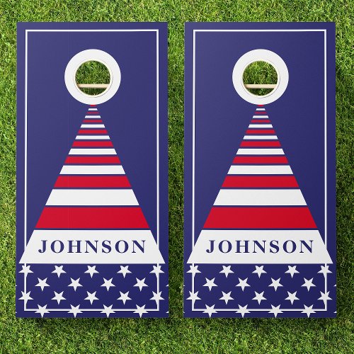 American Flag Patriotic Family Name Triangle Cornhole Set