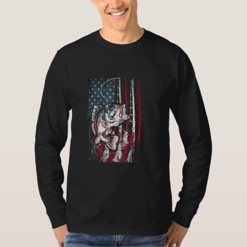 American Flag Patriotic Fishing Vintage Pole Fishe T_Shirt