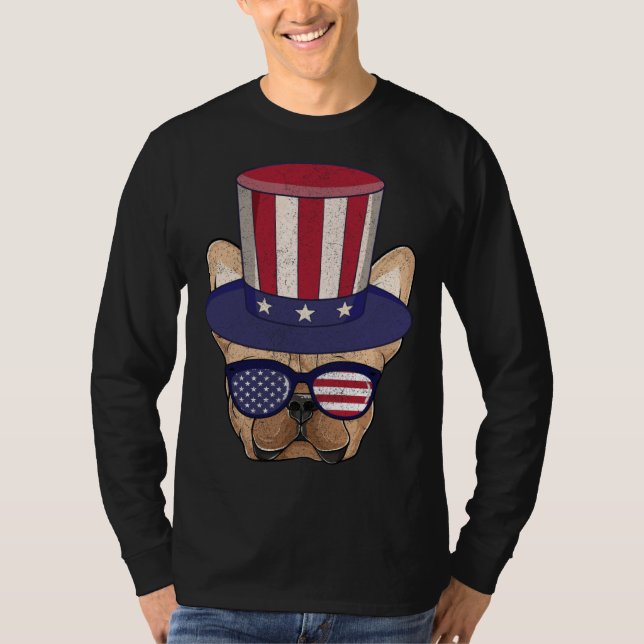 American Flag Patriotic French Bulldog Apparel 4th T-Shirt (Front)