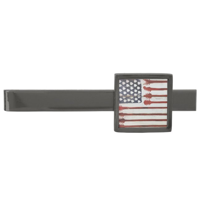 American Flag patriotic Guitar Music theme  Gunmetal Finish Tie Bar (Front)