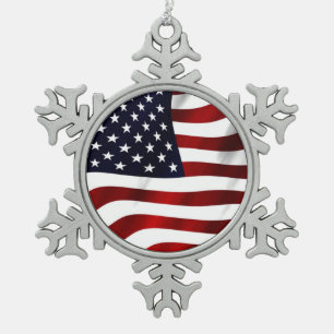 American Flag Patriotic Independence Day Snowflake Pewter Christmas Ornament