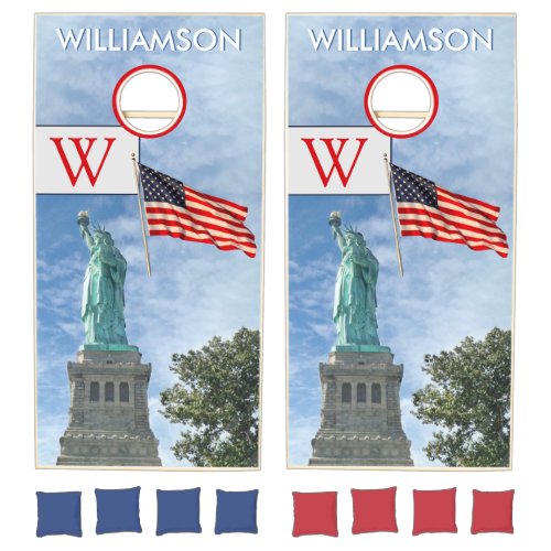 American Flag Patriotic Lady Liberty Initial Name Cornhole Set