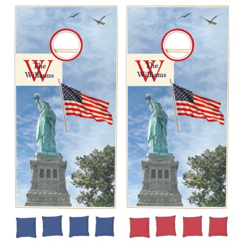 American Flag Patriotic Lady Liberty Initial Name  Cornhole Set
