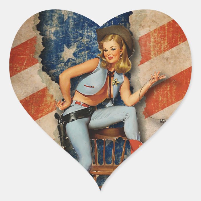 American Flag Patriotic Naughty Pinup Cowgirl Heart Sticker 8042