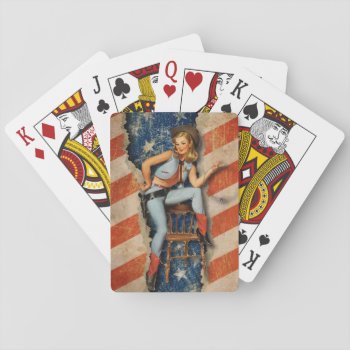 American Flag Patriotic Naughty Pinup Cowgirl Playing Cards by IAmTrending at Zazzle