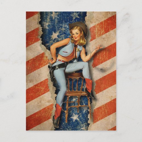 American Flag Patriotic Naughty PinUp CowGirl Postcard