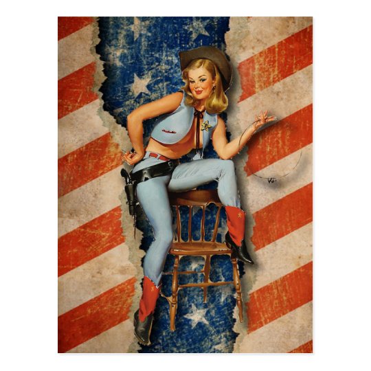 American Flag Patriotic Naughty Pinup Cowgirl Postcard 9128