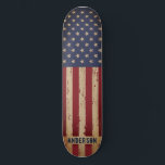 American Flag Patriotic Personalized Rustic Wood Skateboard<br><div class="desc">USA American Flag skateboard in a distressed worn grunge design on wood . This united states of america flag skateboard design with stars and stripes in red white and blue is perfect for military, graduation gifts. Personalize this american flag skateboard with name. COPYRIGHT © 2020 Judy Burrows, Black Dog Art...</div>