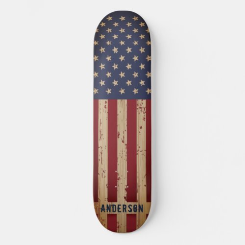 American Flag Patriotic Personalized Rustic Wood Skateboard