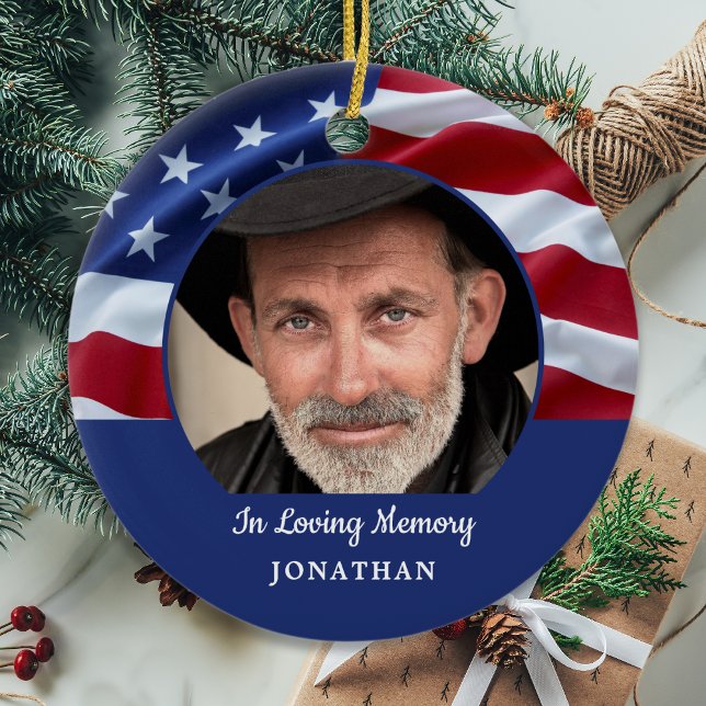 American Flag Patriotic Photo Memorial Ceramic Ornament (Creator Uploaded)