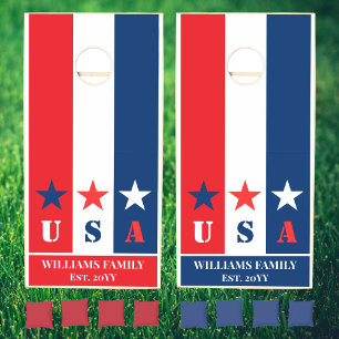 American Flag Patriotic USA Fourth of July Name Cornhole Set