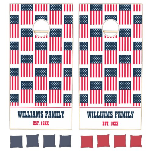 American Flag Pattern Family Name Cornhole Set
