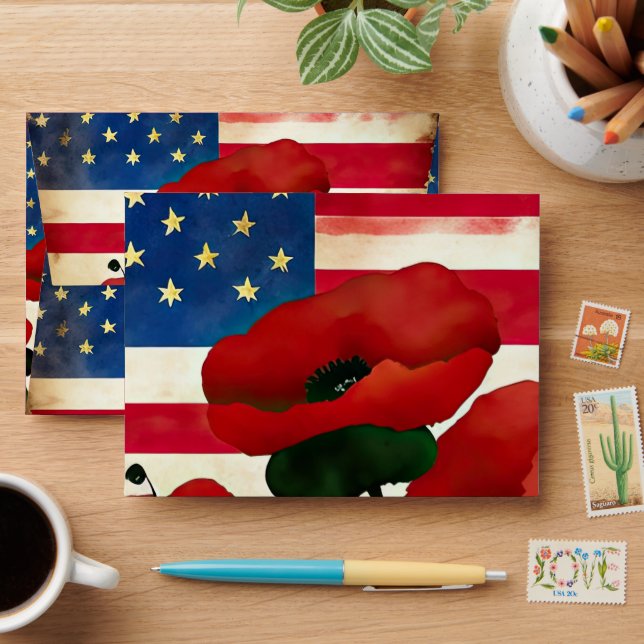 American Flag Pattern Poppy Flower Patriotic Envelope (Desk)