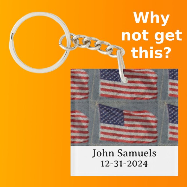 American Flag Pattern Red White Blue Name Date Keychain (Front with Background)