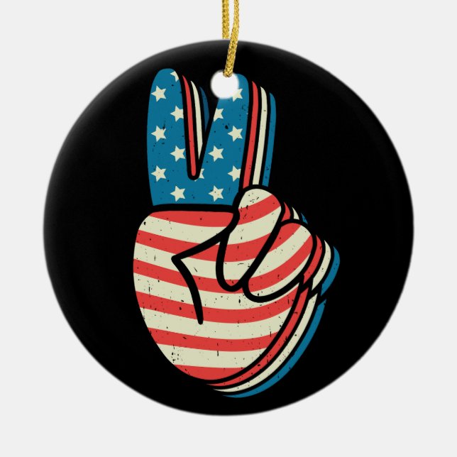 American Flag Peace Sign Hand 4th of July  Ceramic Ornament (Front)