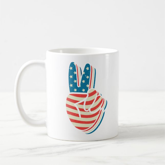 American Flag Peace Sign Hand 4th of July  Coffee Mug (Left)