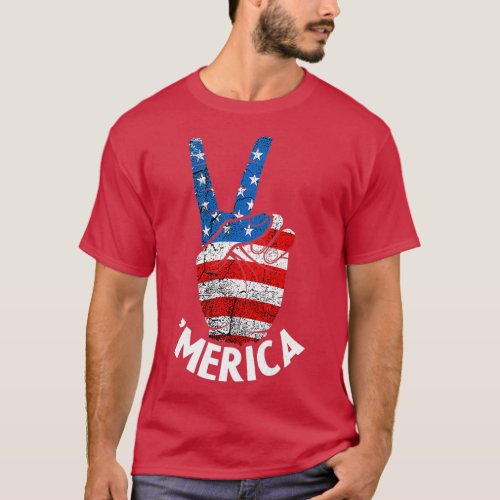 American Flag Peace Sign Hand 4th Of  T_Shirt