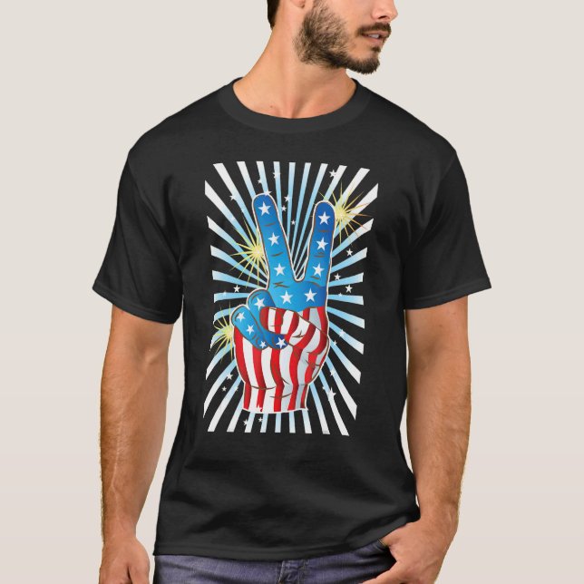 American Flag Peace Sign Hand   Fourth of July T-Shirt (Front)
