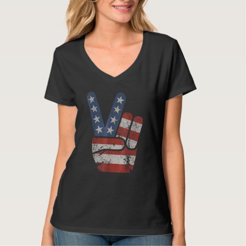 American Flag Peace Sign Hand  Fourth Of July T_Shirt