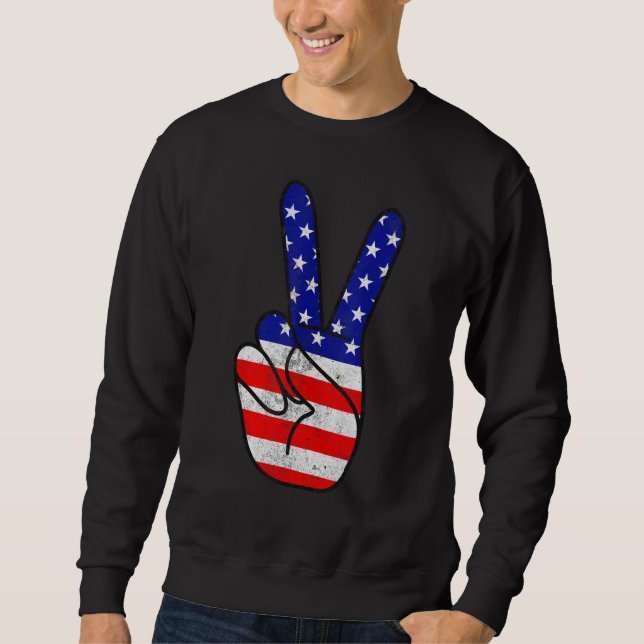 American Flag Peace Sign Hand Patriotic 4th Of Jul Sweatshirt (Front)