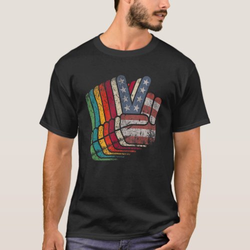 American Flag Peace Sign Hand Retro  Fourth Of Jul T_Shirt