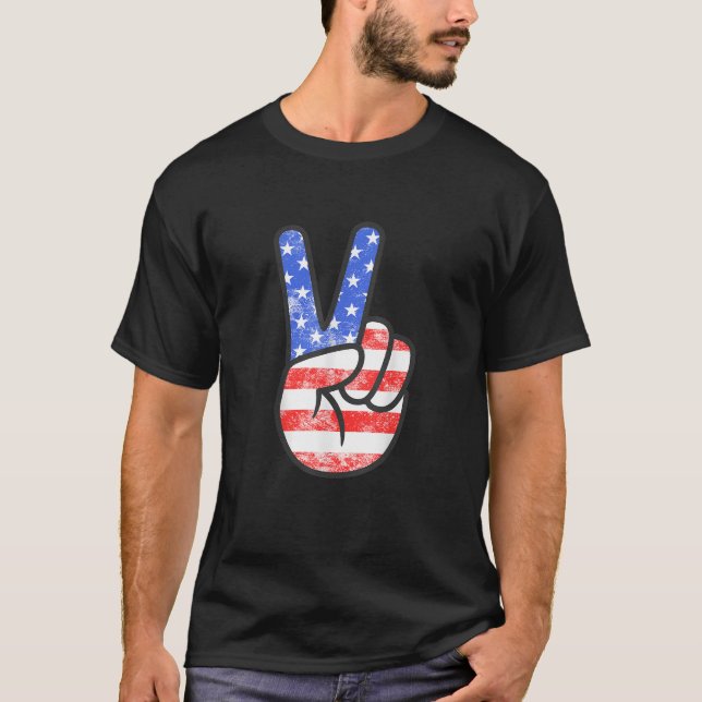 American Flag Peace Sign Hand T-Shirt Fourth of Ju (Front)