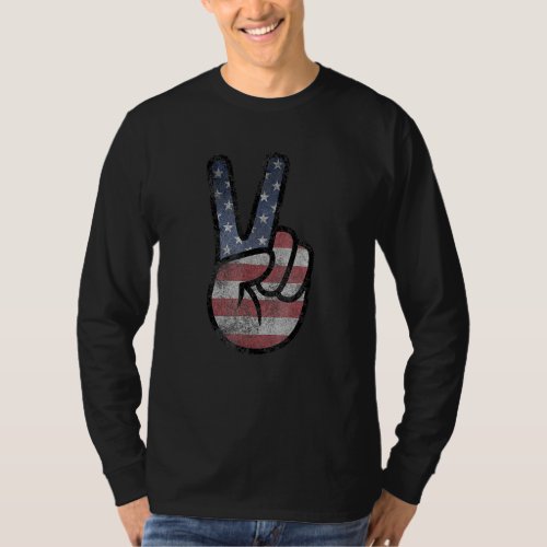 American Flag Peace Sign Hand Usa Us 4th Of July T_Shirt