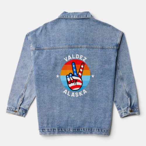American Flag Peace Sign Hand Valdez Alaska Ak  Denim Jacket