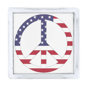 AMERICAN FLAG PEACE SIGN SILVER FINISH LAPEL PIN