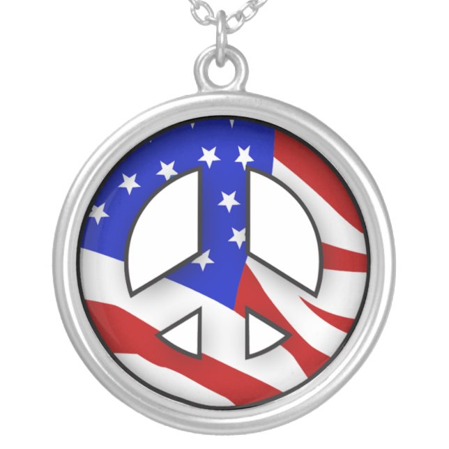 American Flag Peace Sign Silver Plated Necklace (Front)